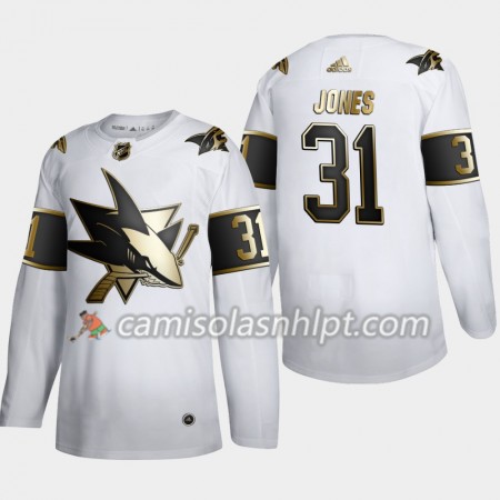 Camisola San Jose Sharks Martin Jones 31 Adidas 2019-2020 Golden Edition Branco Authentic - Homem